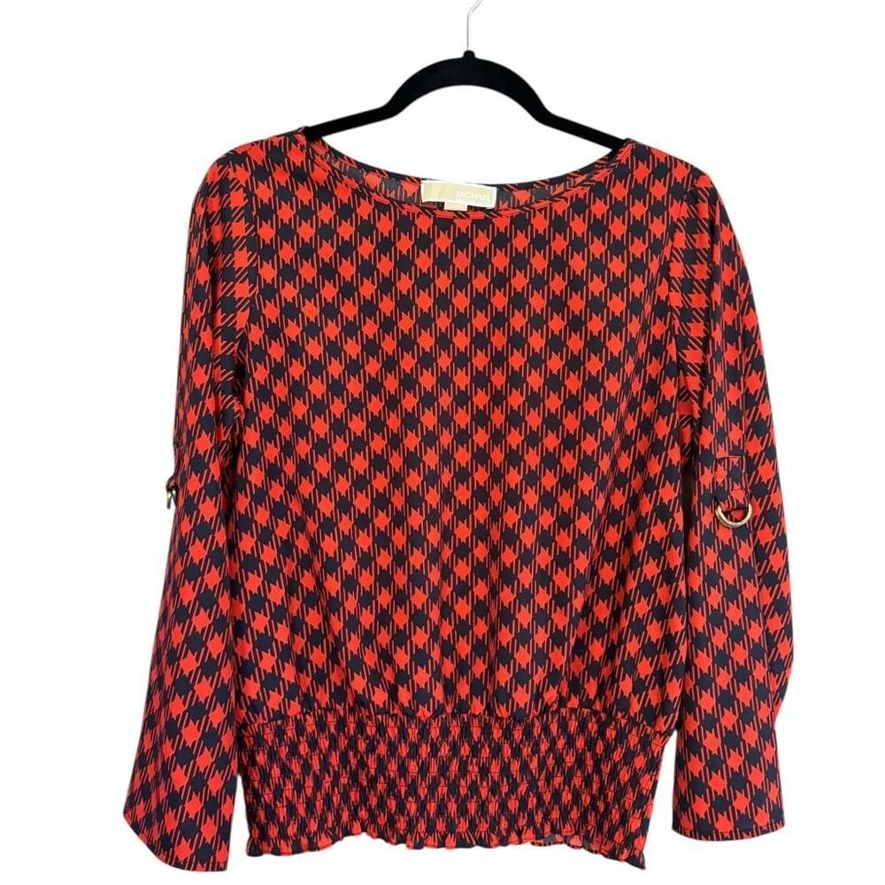 MICHAEL Michael Kors Red & Black Houndstooth Long Sleeve Blouse w/ Tapper Waist